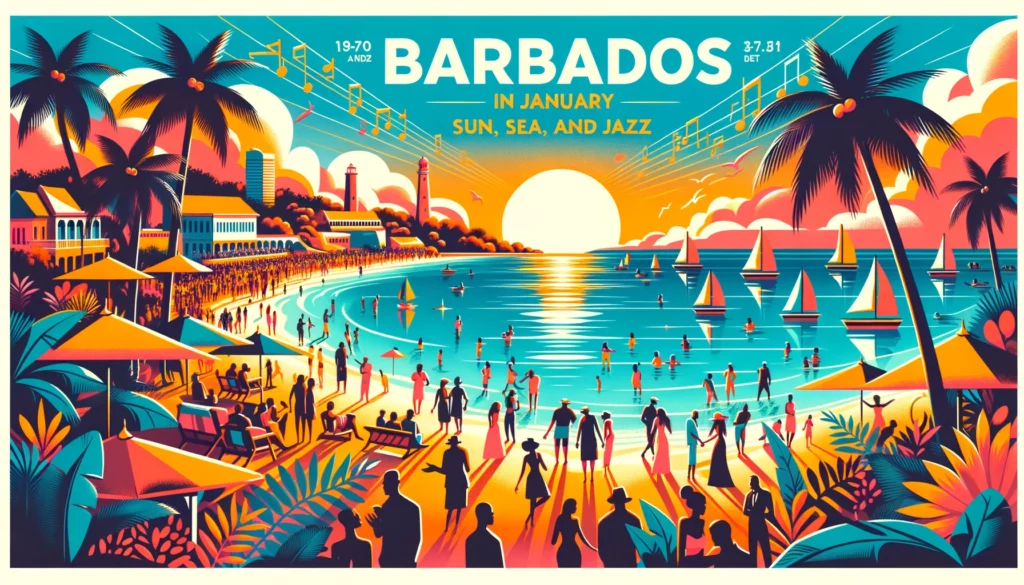 barbados in january poster with people on the beach at sunset