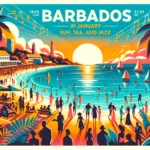barbados in january poster with people on the beach at sunset