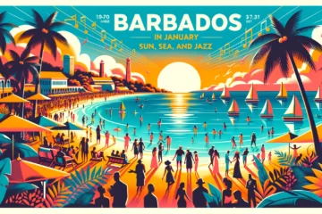 barbados in january poster with people on the beach at sunset