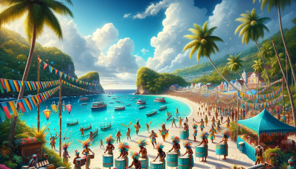 The scene unfolds on a picturesque beach with crystal-clear turquoise waters, and the sky above is a radiant shade of blue. The foreground is lively with the Holetown Festival celebrations: people of various descents, both male and female, are dressed in vibrant, whimsical costumes, playing music instruments like steel drums and shak-shaks. The atmosphere is joyous and festive, with decorations that sparkle under the sunlight. Flanking the beach are lush green tropical plants, adding to the idyllic setting. The image conveys warmth, cultural richness, and the inviting allure of the island, combining realistic textures with a touch of whimsy to captivate and invite viewers into the celebration