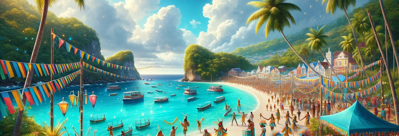 The scene unfolds on a picturesque beach with crystal-clear turquoise waters, and the sky above is a radiant shade of blue. The foreground is lively with the Holetown Festival celebrations: people of various descents, both male and female, are dressed in vibrant, whimsical costumes, playing music instruments like steel drums and shak-shaks. The atmosphere is joyous and festive, with decorations that sparkle under the sunlight. Flanking the beach are lush green tropical plants, adding to the idyllic setting. The image conveys warmth, cultural richness, and the inviting allure of the island, combining realistic textures with a touch of whimsy to captivate and invite viewers into the celebration